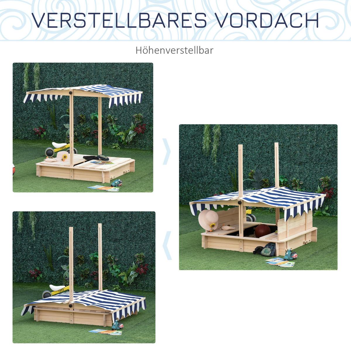 SANDKASTEN mit Dach abnehmbar Rücklehnen Tannenholz 3-7 Jahren Natur - Naturfarben, Holz (106/106/115cm) - Outsunny