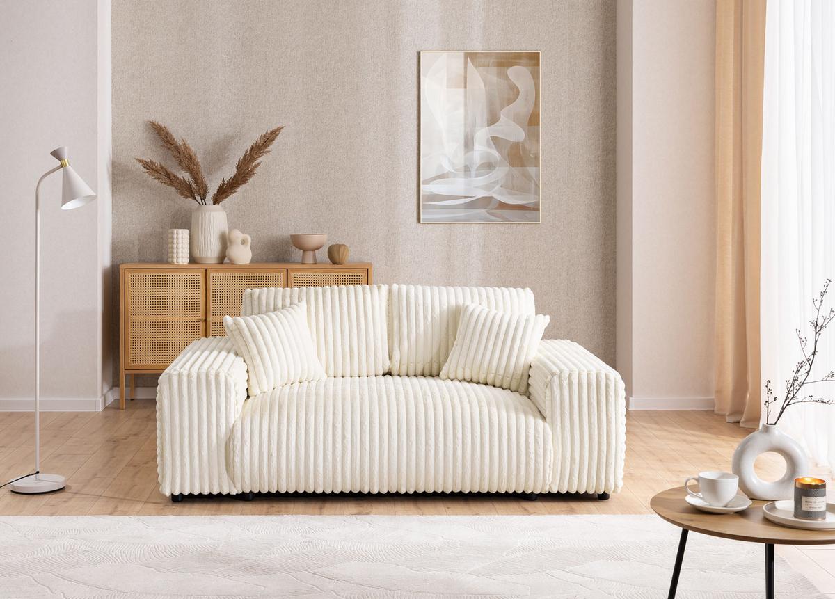 SITZGARNITUR 3+2 Mollis Hellbeige Plüschcord - Beige/Schwarz, Holz/Kunststoff (213/79/108cm) - S-Style Möbel
