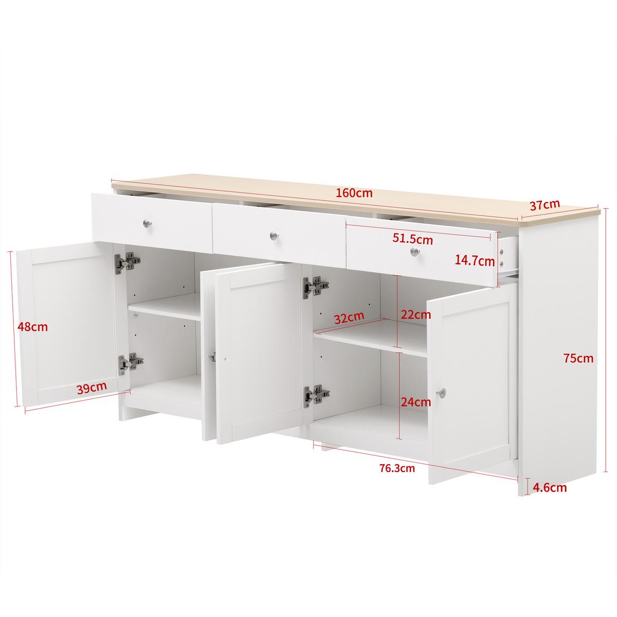 SIDEBOARD weiß & holzoptik 4 türen & 3 schubladen - Weiß, Holzwerkstoff (160/75/37cm) - Urban Meuble
