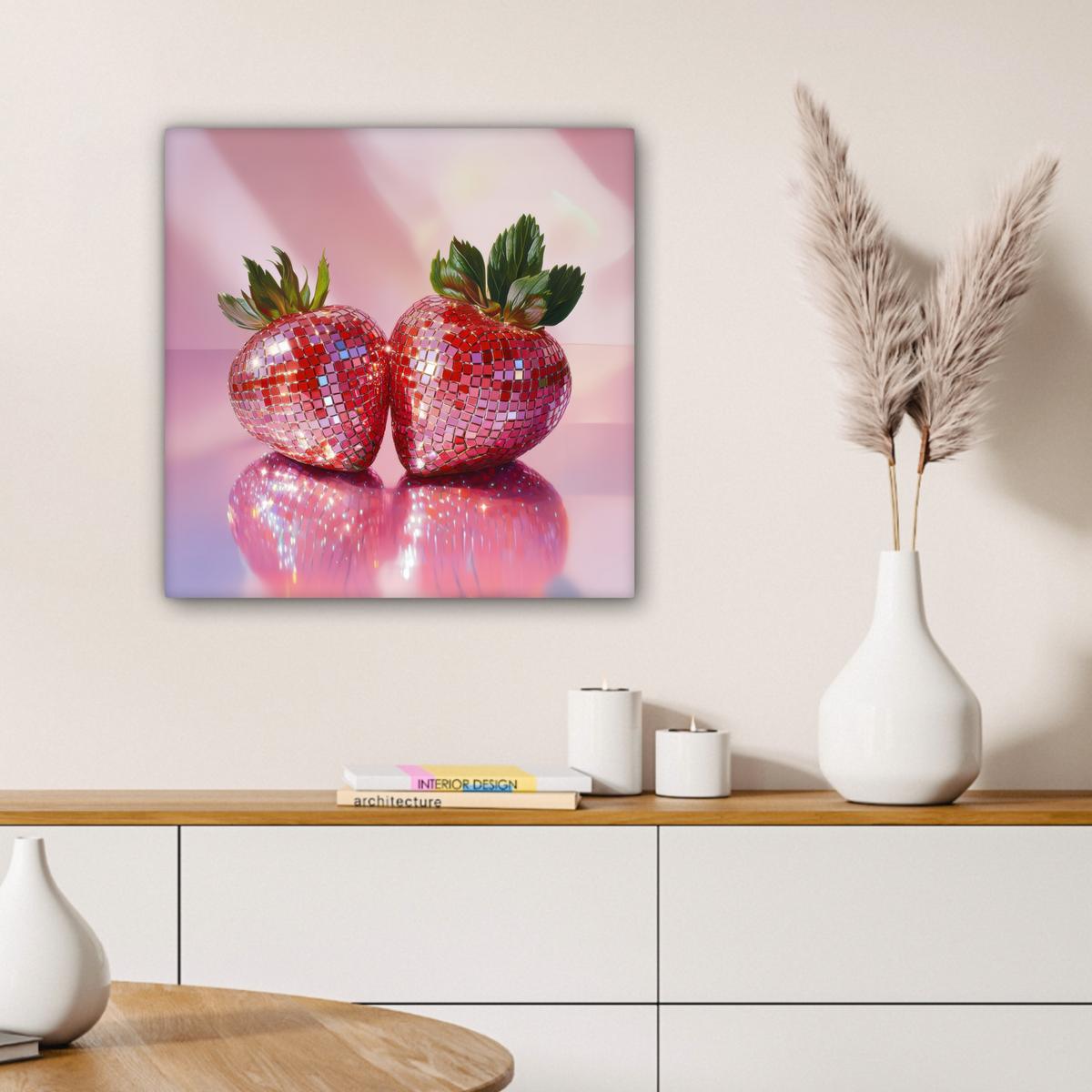 LEINWANDBILD Disco - Obst - Glitzer - Erdbeere Wandbild Wohnzimmer 50x50 cm - Pink, Textil (50/50cm) - MuchoWow