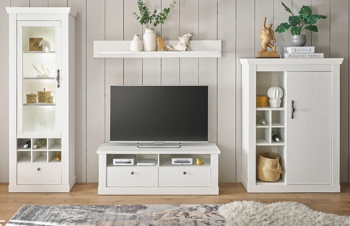 WOHNWAND weiß Pinie Landhaus, Set 4-teilig mit Soft-Close und Beleuchtung - Weiß, Holzwerkstoff/Kunststoff (334/201/45cm) - Furn.Design
