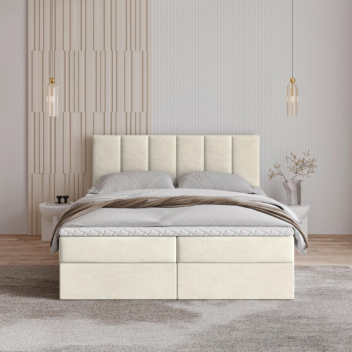 BOXBETT MERIL 180x200 cm mit Matratze und Topper - Creme - Creme, Holz (180/200cm) - MASSENO