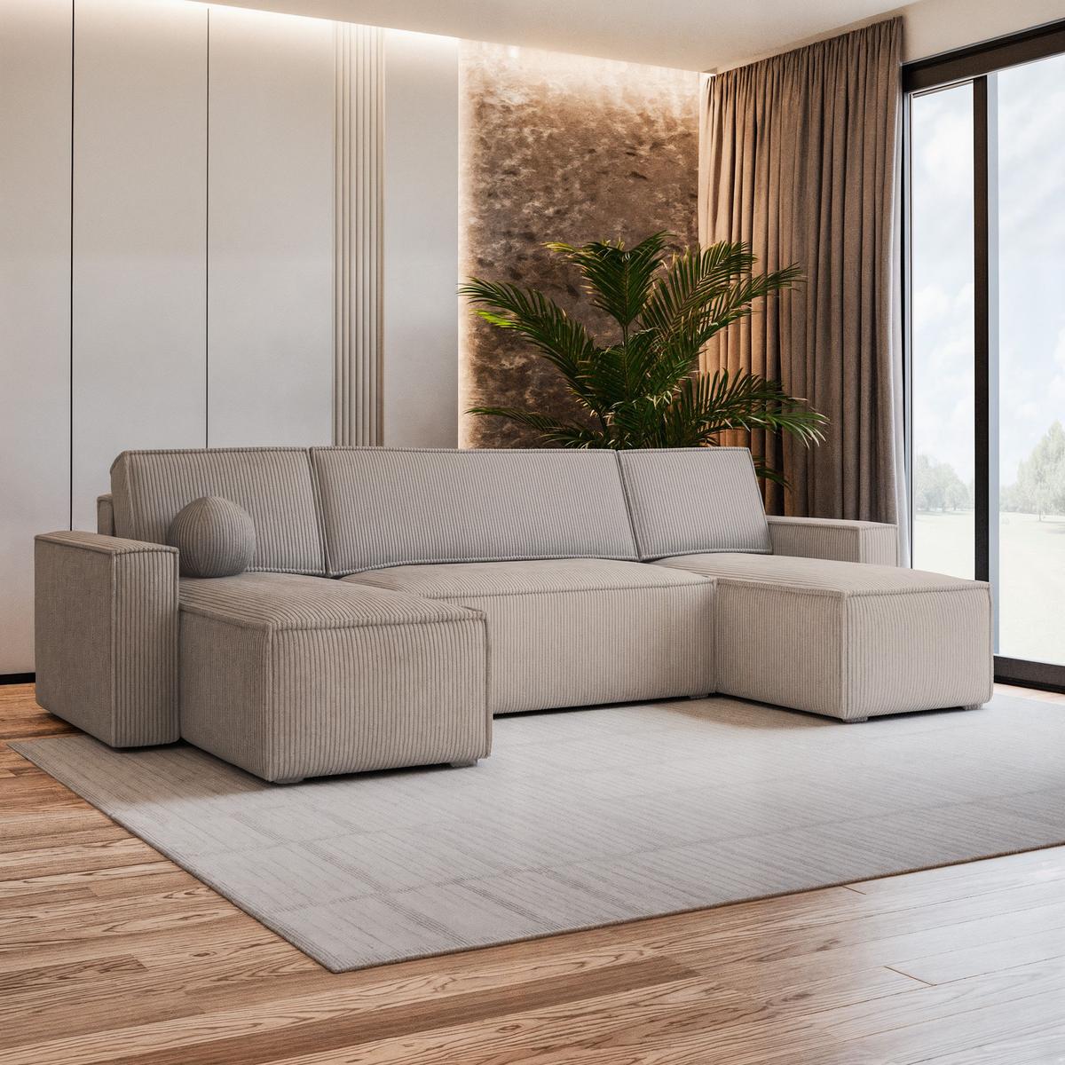 WOHNLANDSCHAFT PESANO P Beige Kordstoff mit Schlaffunktion - Beige/Grau, Holz/Kunststoff (306/85/140cm) - MASSENO