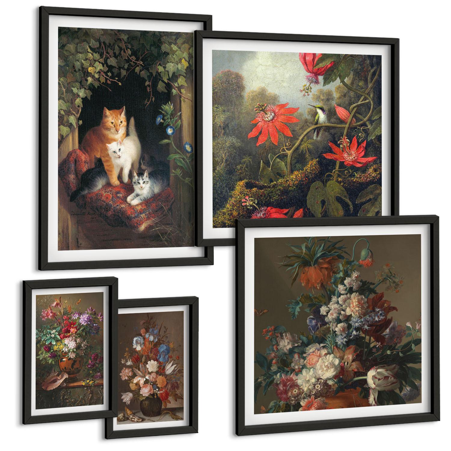 BILDER SET 5er Set - 50x50 cm & 20x30 cm & 40x60 cm Schwarzer Rahmen - Vintage-Blumen, Katzen, Pflanzen - Schwarz, Kunststoff (40/60cm) - TULUP