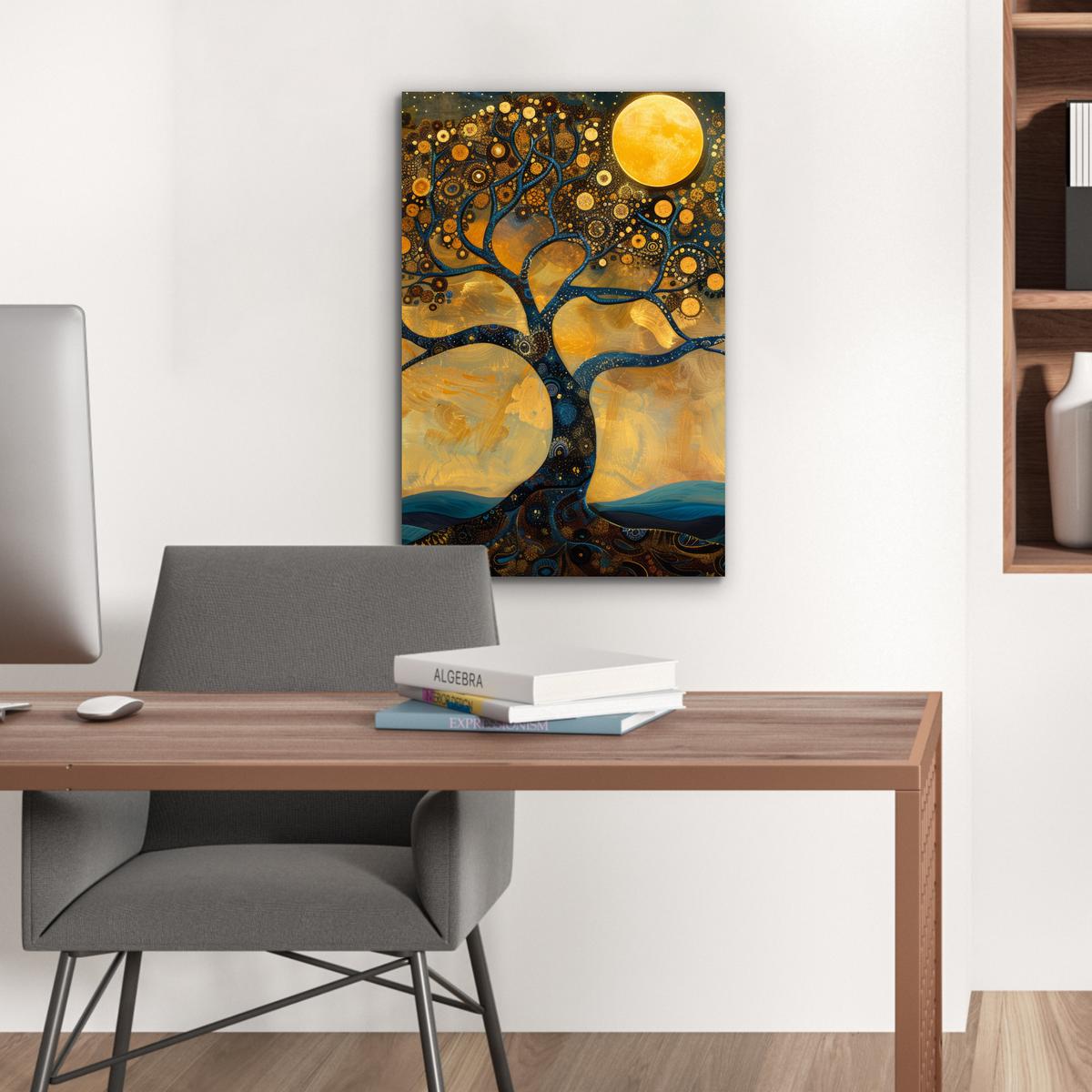 METALLBILD Baum - Mond - Blumen - Gold - Kunst Deko Schlafzimmer 40x60 cm - Orange, Metall (40/60cm) - MuchoWow