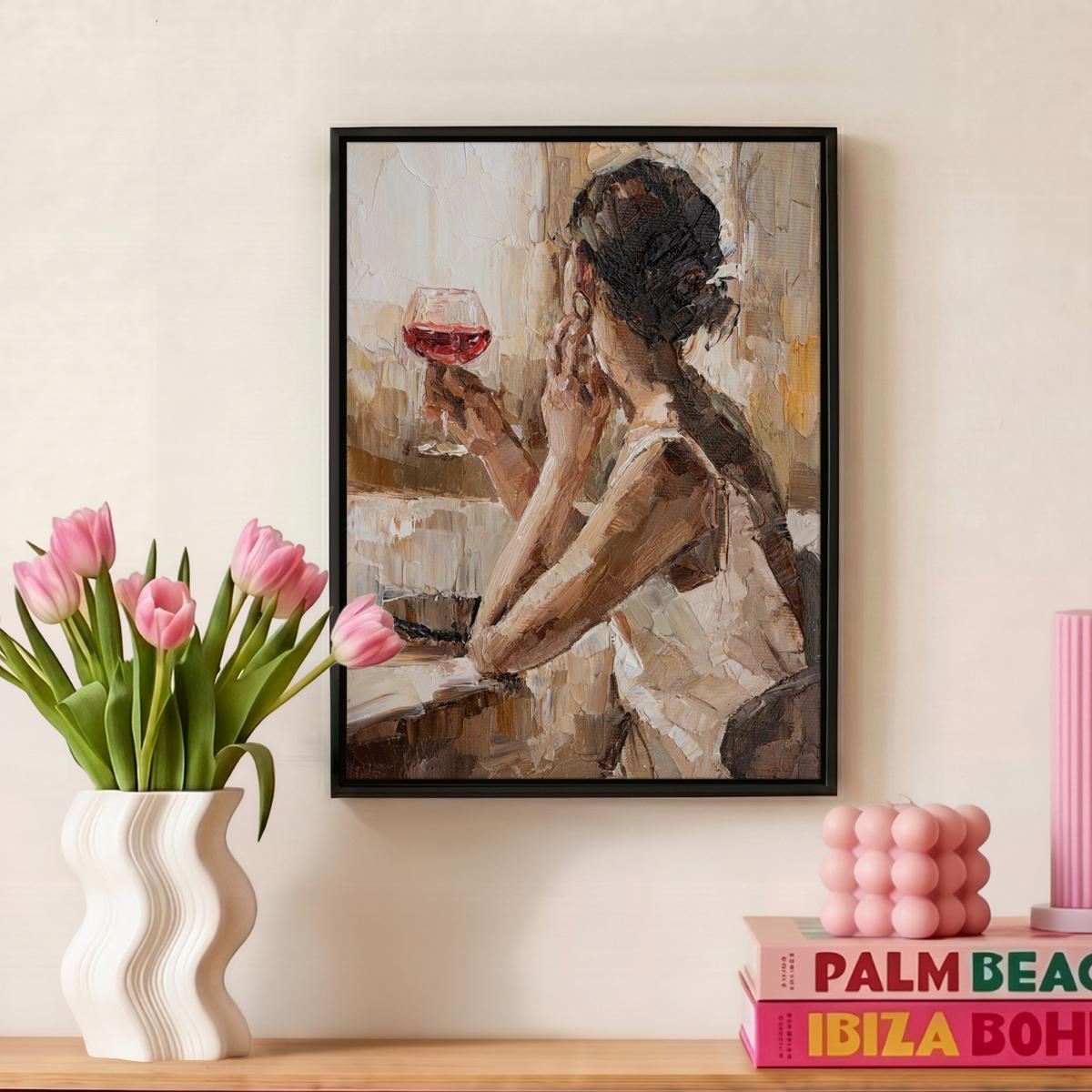 LEINWAND Bilder mit Rahmen - Ölgemälde - Frau - Wein - 30x40 - Hellbraun, Textil (30/40cm) - MuchoWow