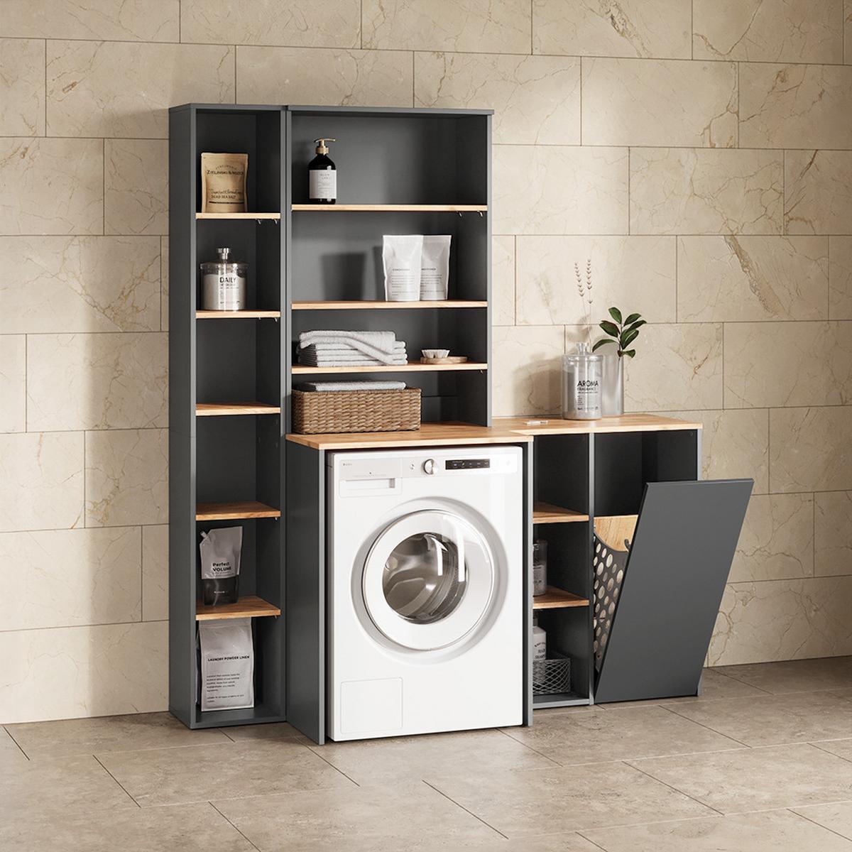 BADSCHRANK Paolina Anthrazit/Goldkraft Eiche 68 x 88.2 cm , mit offenen Regalen und Wäschekorb - Honigeiche/Anthrazit, Holzwerkstoff (68/88.2/40.5cm) - Livinity®
