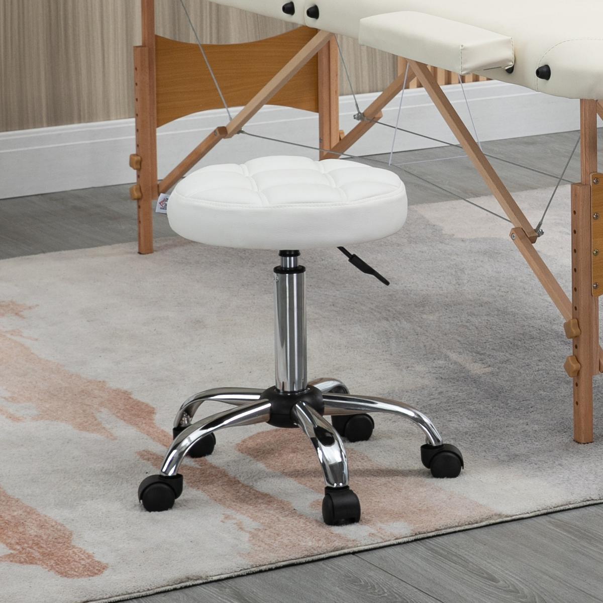 ROLLHOCKER Höhenverstellbarer Arbeitshocker, Drehbarer Salon Hocker für Büro - Weiß, Leder (35.5/67/35.5cm) - HOMCOM