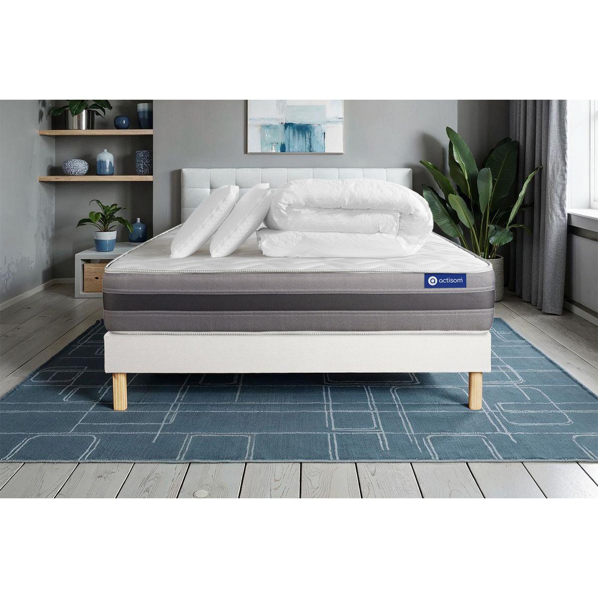 BETT Actiflex relax Taschenfederkern und Memory-Schaum 160 x 200 cm h1 - Kit Bettgestell Weiß - Mit Kissen und Bettdecke - Beige/Weiß, Karton/Holz (160/200cm) - ACTISOM