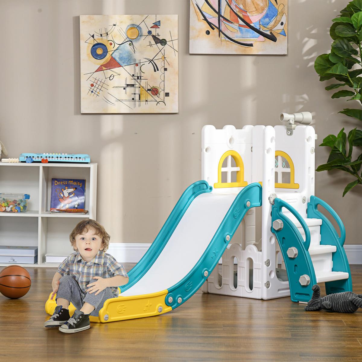 KINDERRUTSCHE 5 in 1 Kleinkinderrutsche mit Basketballkorb Teleskop Gelb - Gelb, Kunststoff (177/92/70cm) - AIYAPLAY