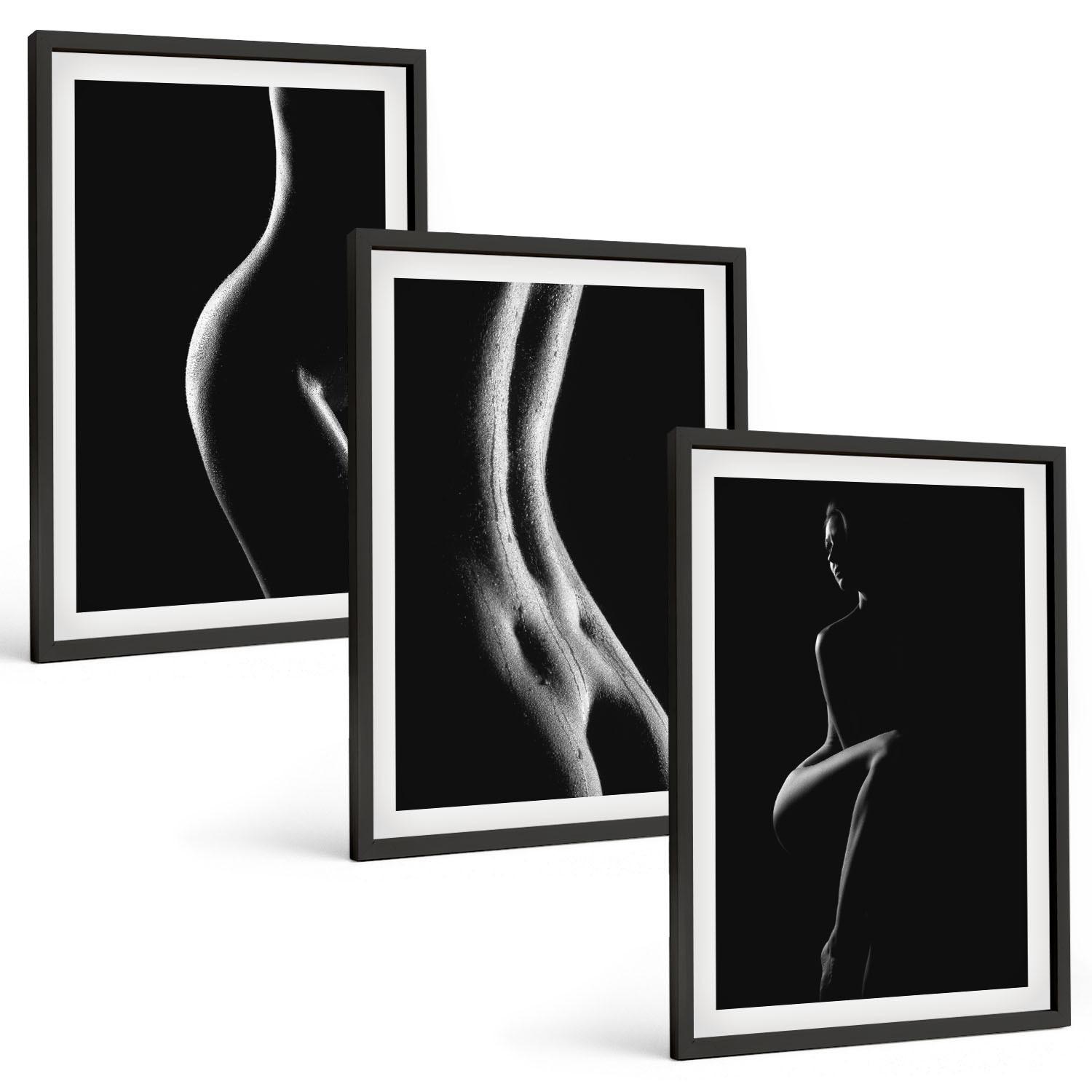 BILDER SET 3er Set - 40x60 cm Schwarzer Rahmen - Schwarz-weiße weibliche Silhouetten - Schwarz, Kunststoff (40/60cm) - TULUP