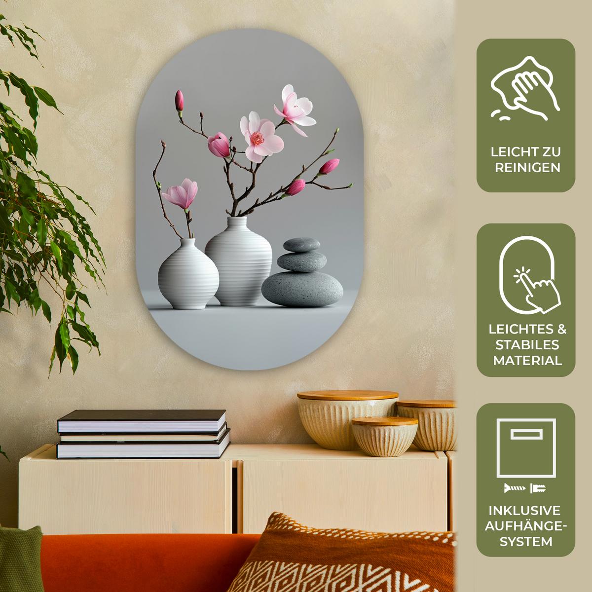 WANDBILD Magnolie - Blumen - Rosa - Zen-Steine Wanddeko Schlafzimmer 60x90 cm - Hellgrau, Kunststoff (60/90cm) - MuchoWow