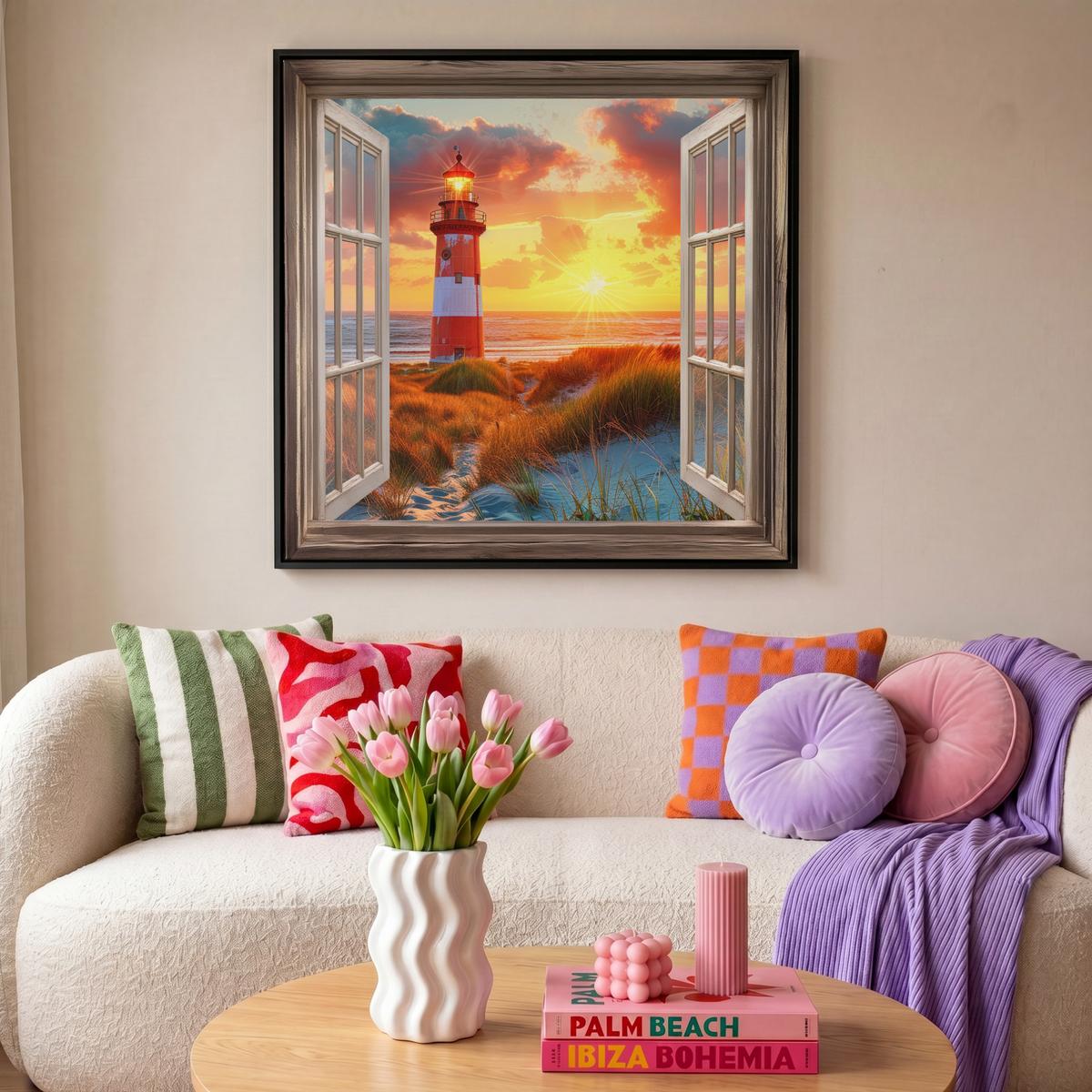 LEINWAND Bilder mit Rahmen - Aussicht - Fenster - Leuchtturm - Sonnenuntergang - Strand - 90x90 - Dunkelorange, Textil (90/90cm) - MuchoWow
