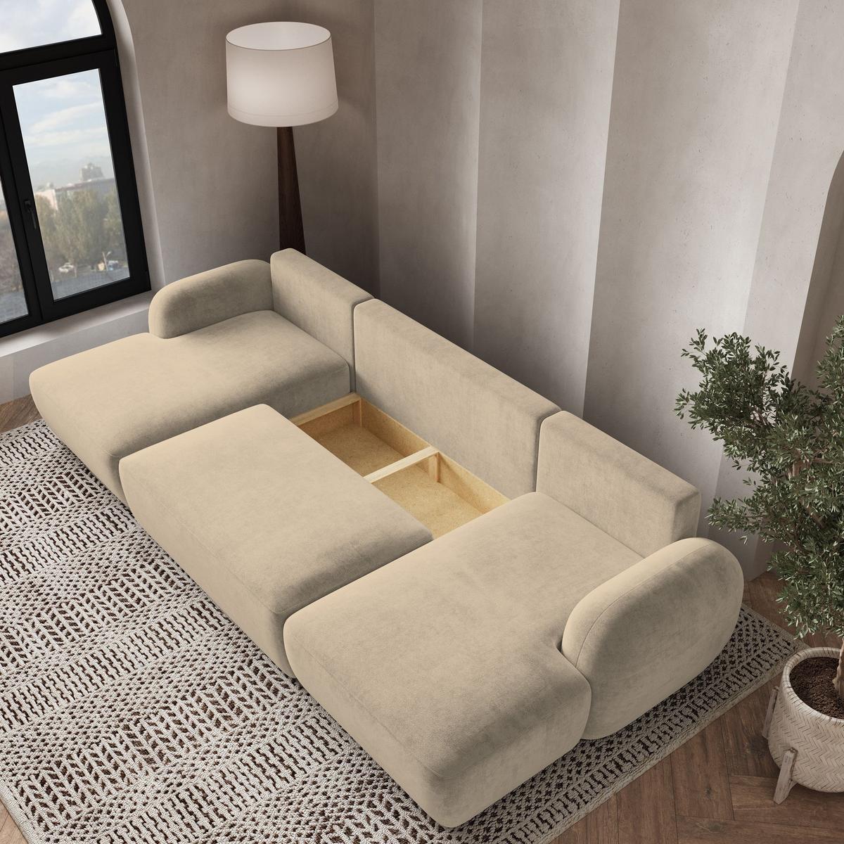 WOHNLANDSCHAFT SAVONA K Beige Plüsch-Stoff mit Schlaffunktion - Beige/Schwarz, Holz/Kunststoff (320/90/148cm) - MASSENO