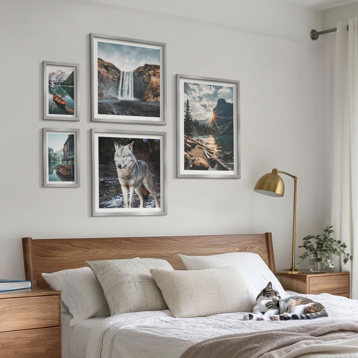 BILDER SET 5er Set - 50x50 cm & 20x30 cm & 40x60 cm Silberner Rahmen - Berge, Seen, Wasserfall, Wolf - Silberfarben, Kunststoff (40/60cm) - TULUP