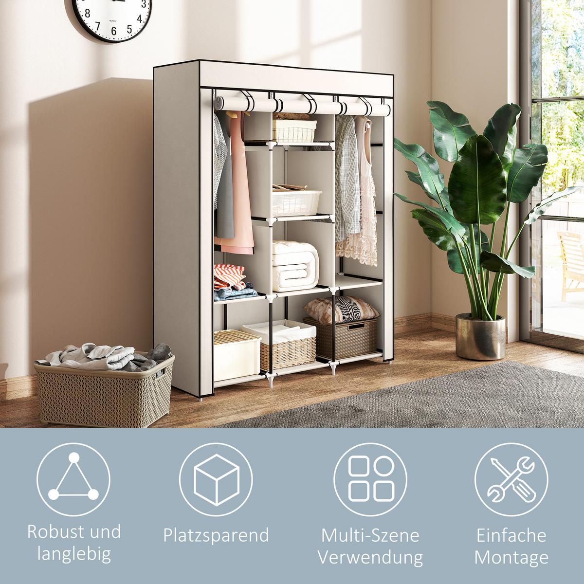 STOFFSCHRANK, Faltschrank, Kleiderschrank mit Kleiderstangen, 8 Ebenen Cremeweiß - Weiß, Metall (43/162.5/125cm) - HOMCOM