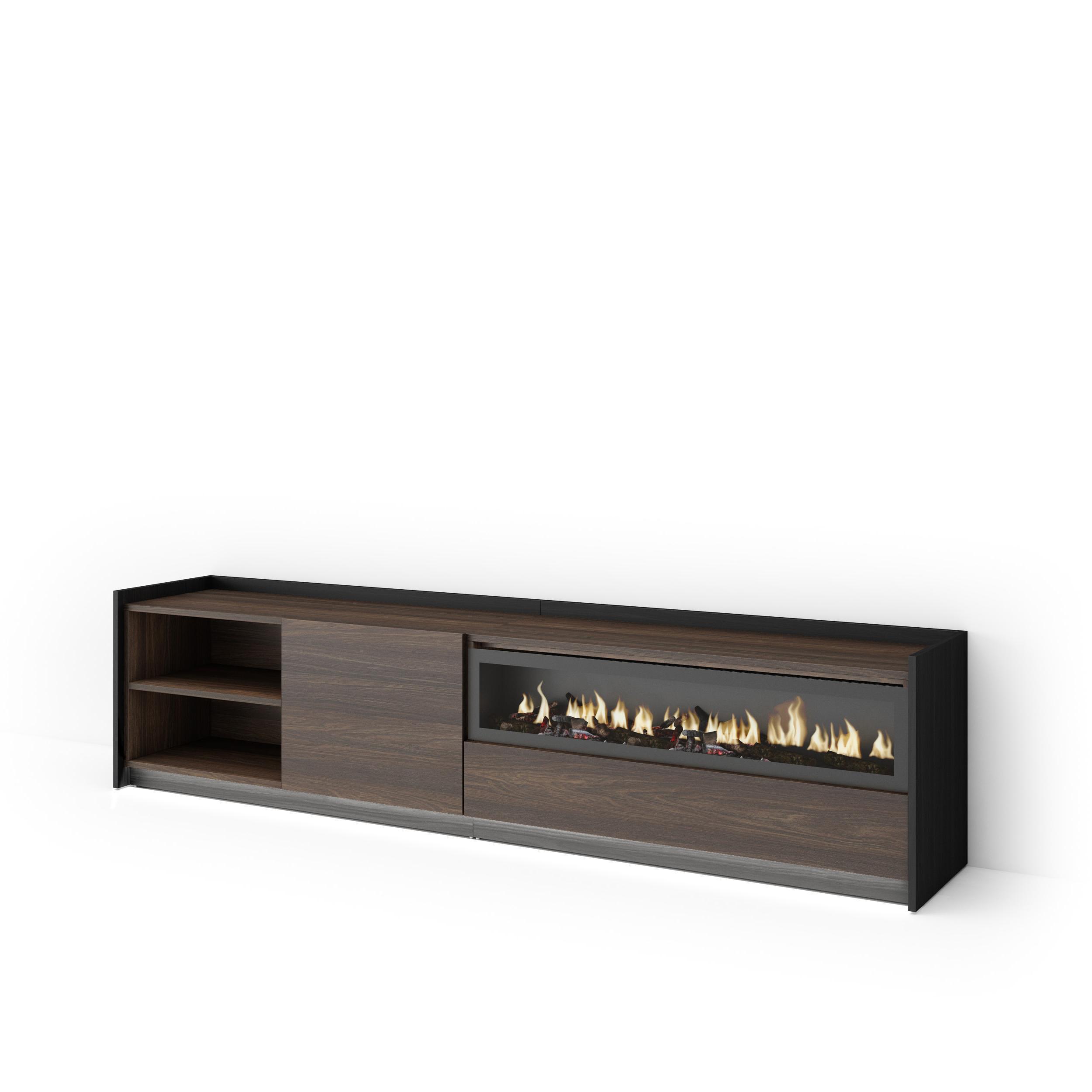 LOWBOARD, Eiche und Schwarz, 207/37/50cm, Kamin mit Feuereffekt - Dunkelbraun, Holzwerkstoff (207/50/37cm) - Skraut Home