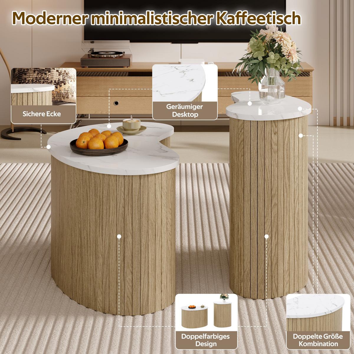 COUCHTISCH 2er Set in Marmor-Optik & Naturholz-Design - Weiß, Holzwerkstoff (37/60/38cm) - Urban Meuble