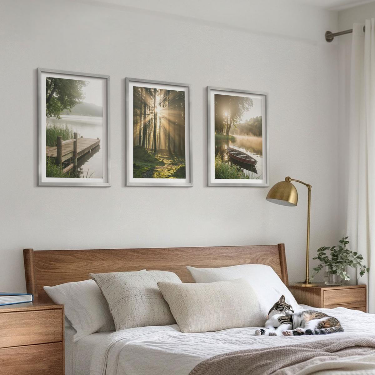 BILDER SET 3er Set - 40x60 cm Silberner Rahmen - See, Wald, Boot, Morgennebel - Silberfarben, Kunststoff (40/60cm) - TULUP