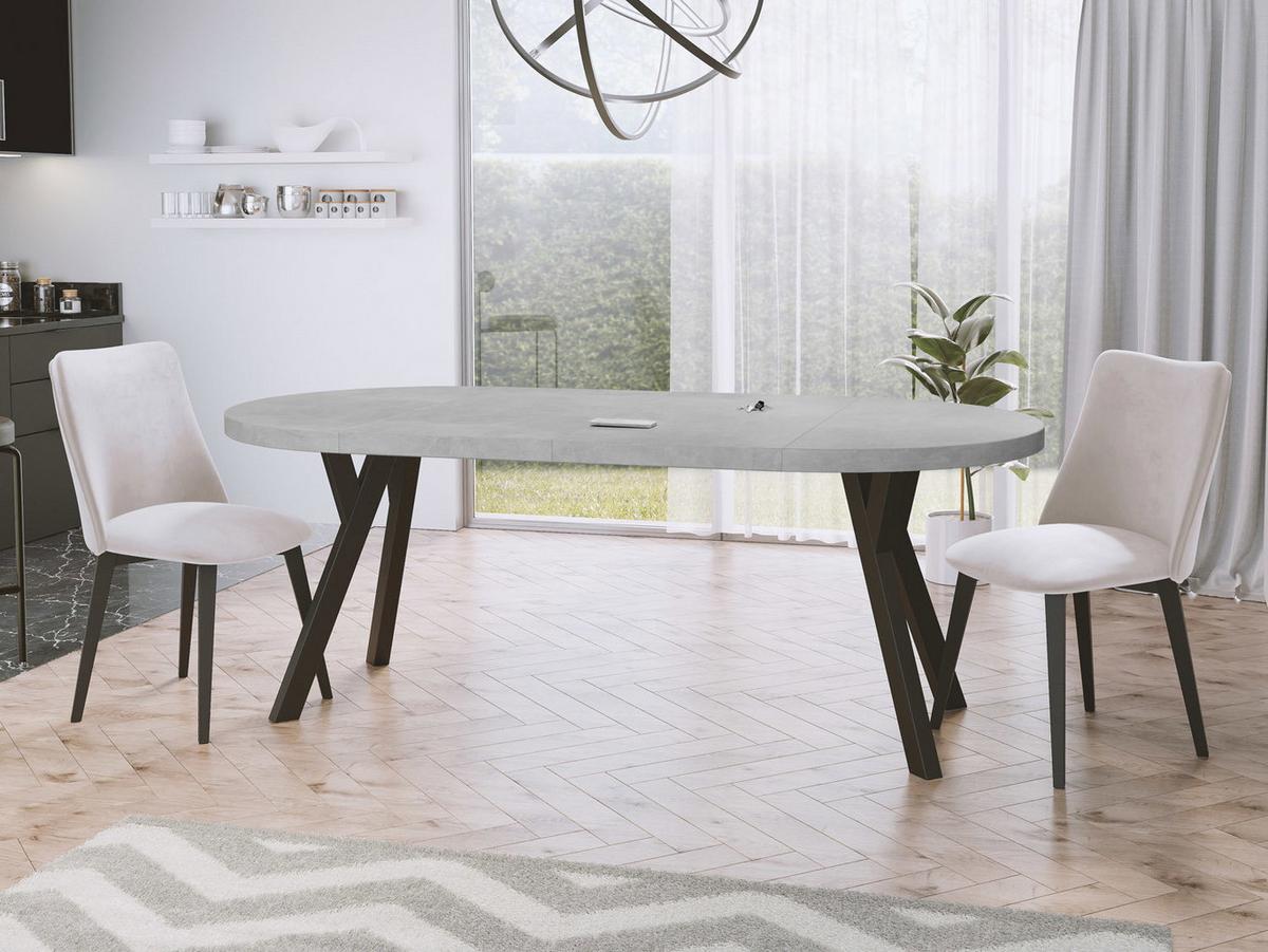 ESSTISCH Twixy runder ausziehbarer, Grauer Beton 100-200/100/76 cm - Hellgrau/Schwarz, Holz/Holzwerkstoff (100/200/76cm) - WFL GROUP