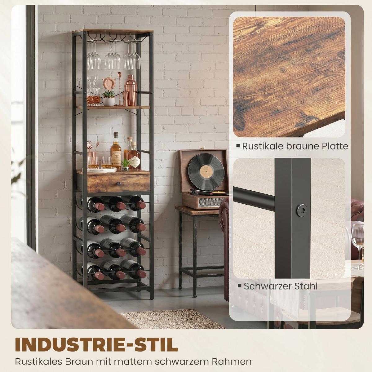 WEINREGAL Spanplatte Metall Rustikal-Braun - Schwarz/Braun, Holzwerkstoff/Metall (30/148/40cm) - HOMCOM