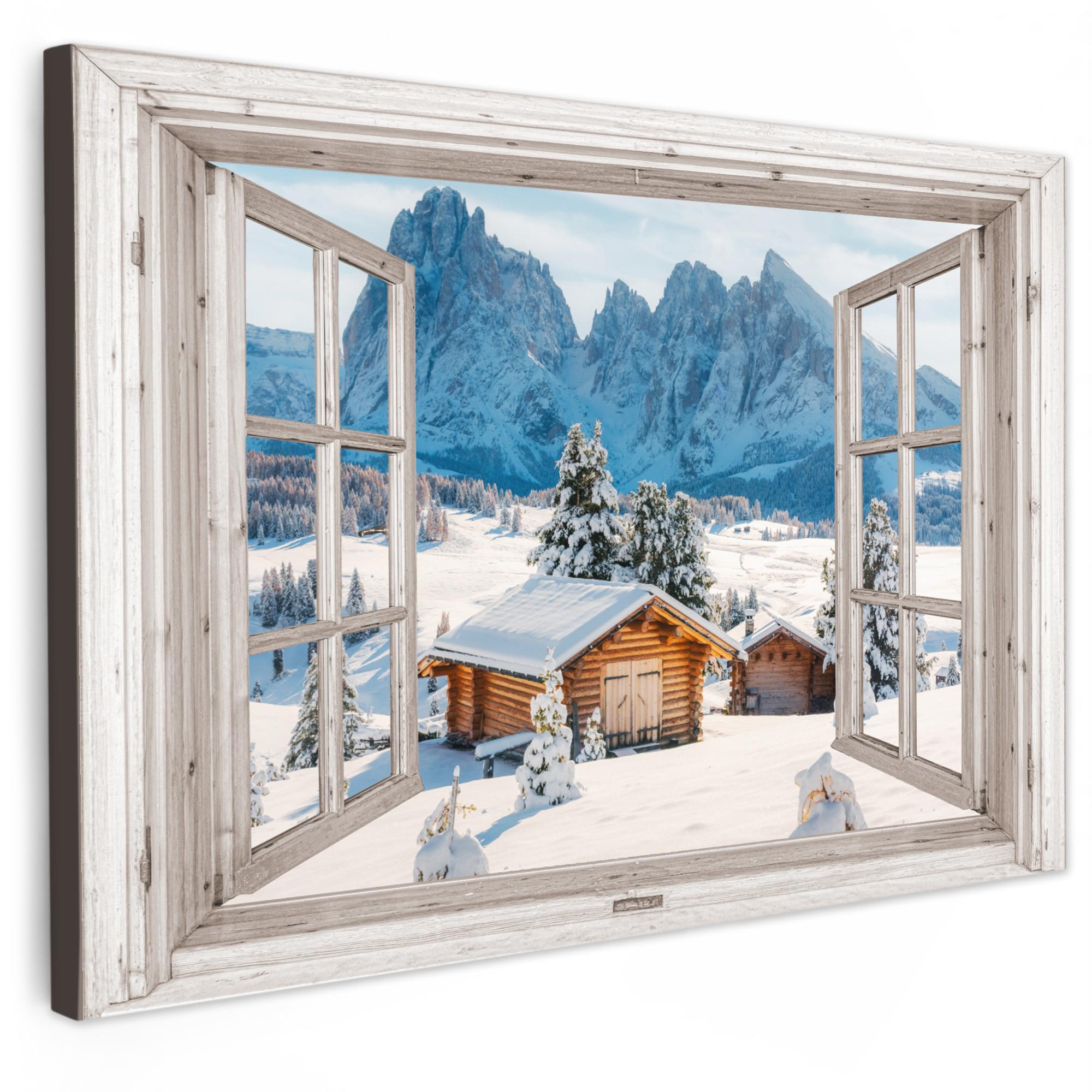 LEINWANDBILD Winterlandschaft - Hütte - Berge - Ausblicke - Aussicht - Natur XXL 150x100 cm - Weiß Hochglanz, Textil (150/100cm) - MuchoWow