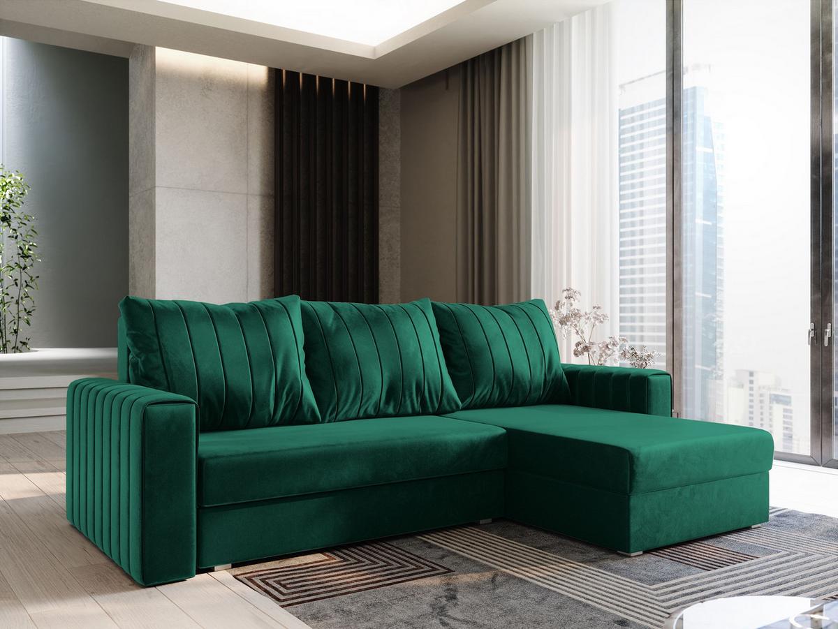 ECKSOFA CARL Grün Plüsch-Stoff mit Schlaffunktion - Grau/Grün, Holz/Kunststoff (236/150cm) - MASSENO