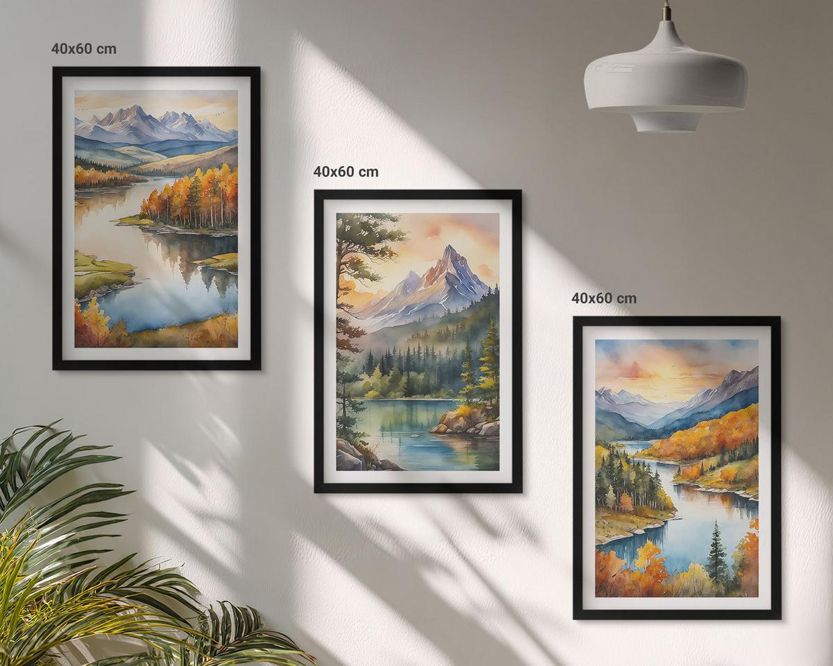 BILDER SET 3er Set - 40x60 cm Schwarzer Rahmen - Berglandschaften mit einem Fluss - Schwarz, Kunststoff (40/60cm) - TULUP