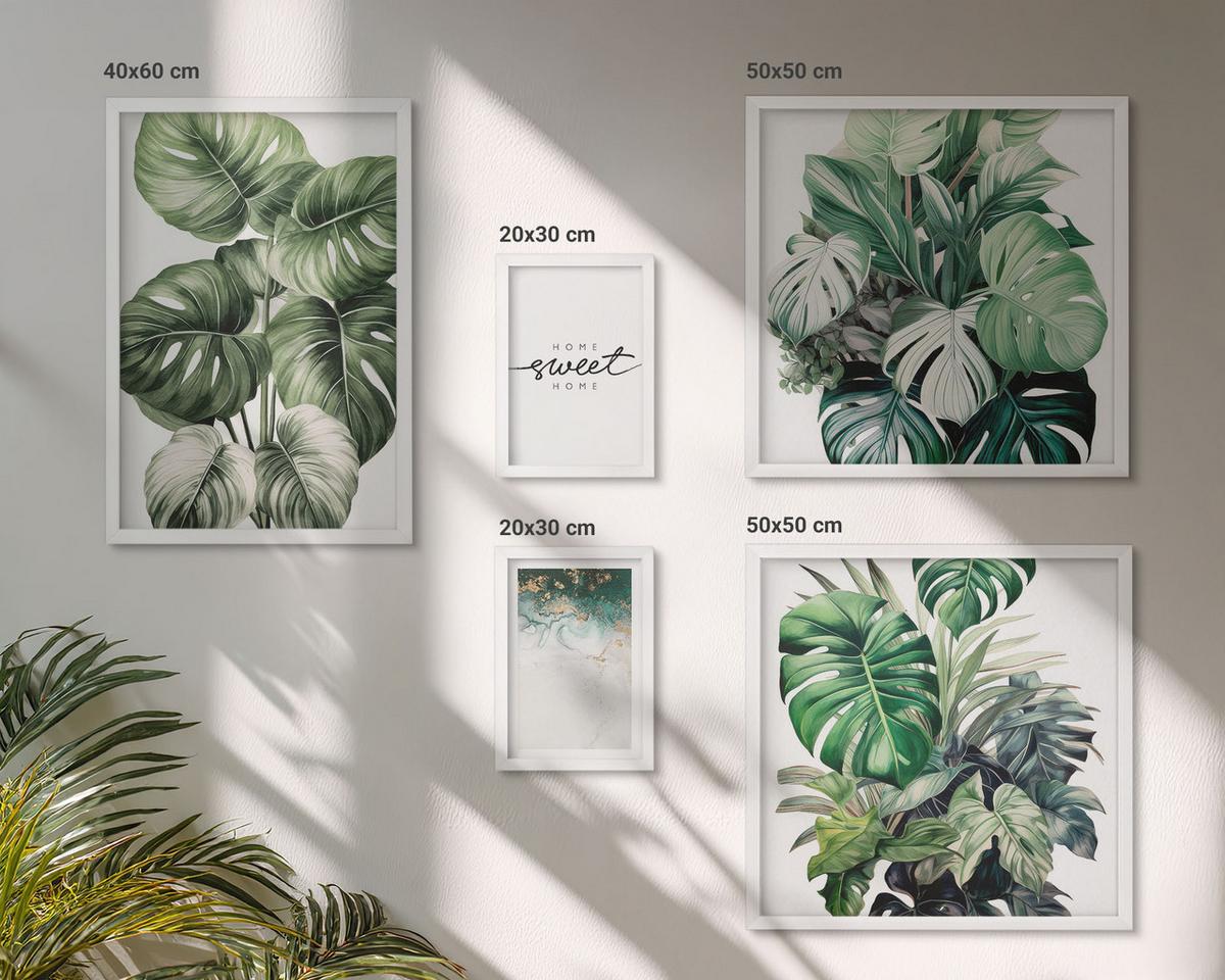 BILDER SET 5er Set - 50x50 cm & 20x30 cm & 40x60 cm Weißer Rahmen - Sweet Home Green Plants - Weiß, Kunststoff (40/60cm) - TULUP