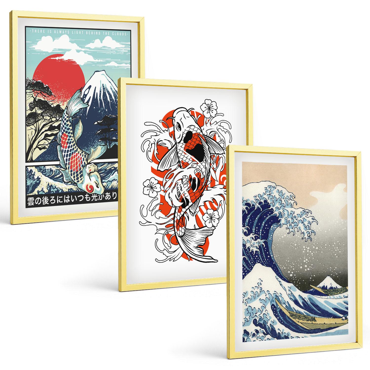BILDER SET 3er Set - 40x60 cm Goldrahmen - Berge von Fischen Große Welle Japan - Goldfarben, Kunststoff (40/60cm) - TULUP