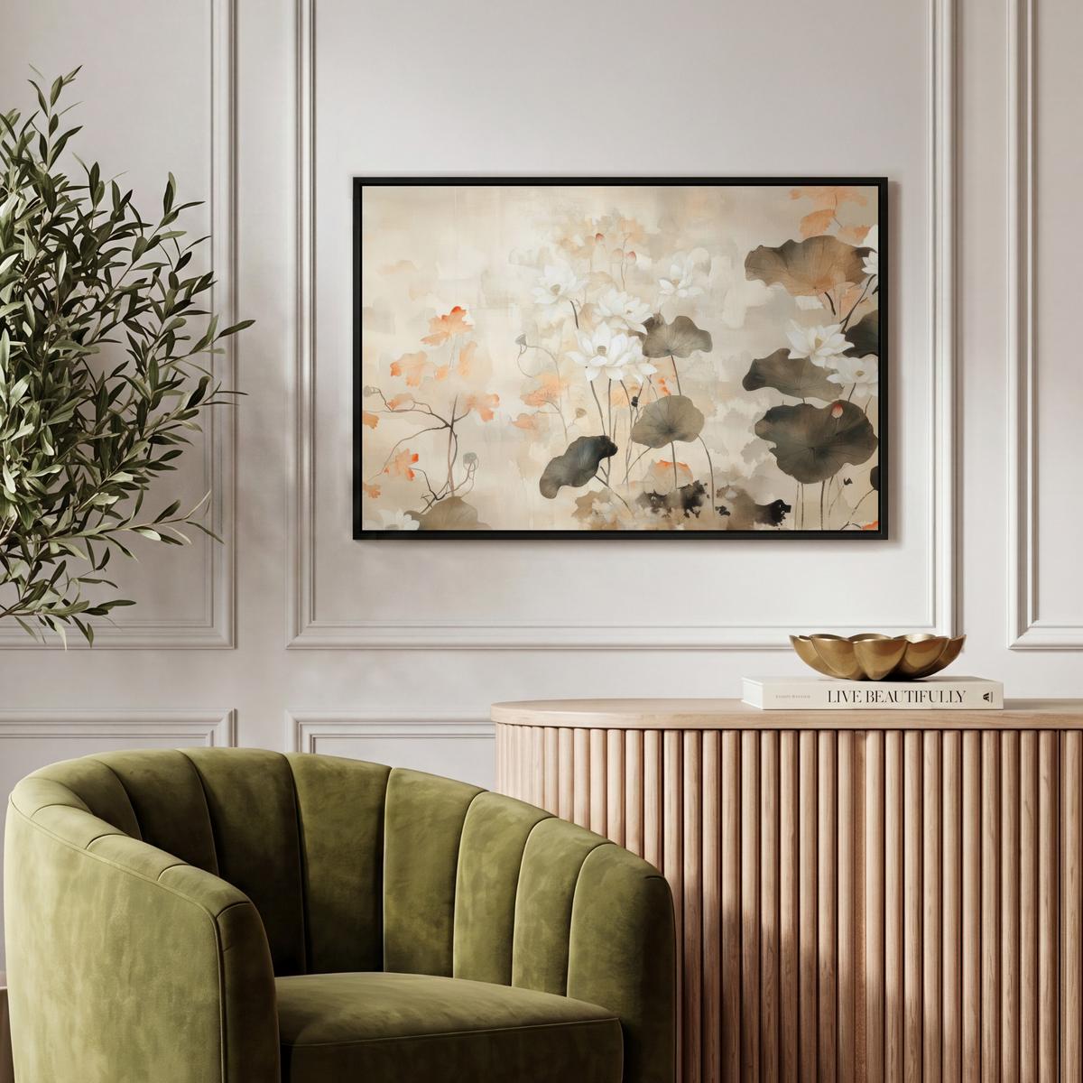LEINWAND Bilder mit Rahmen - Blumen - Japandi - Wabi sabi - 60x40 - Sandfarben, Textil (60/40cm) - MuchoWow