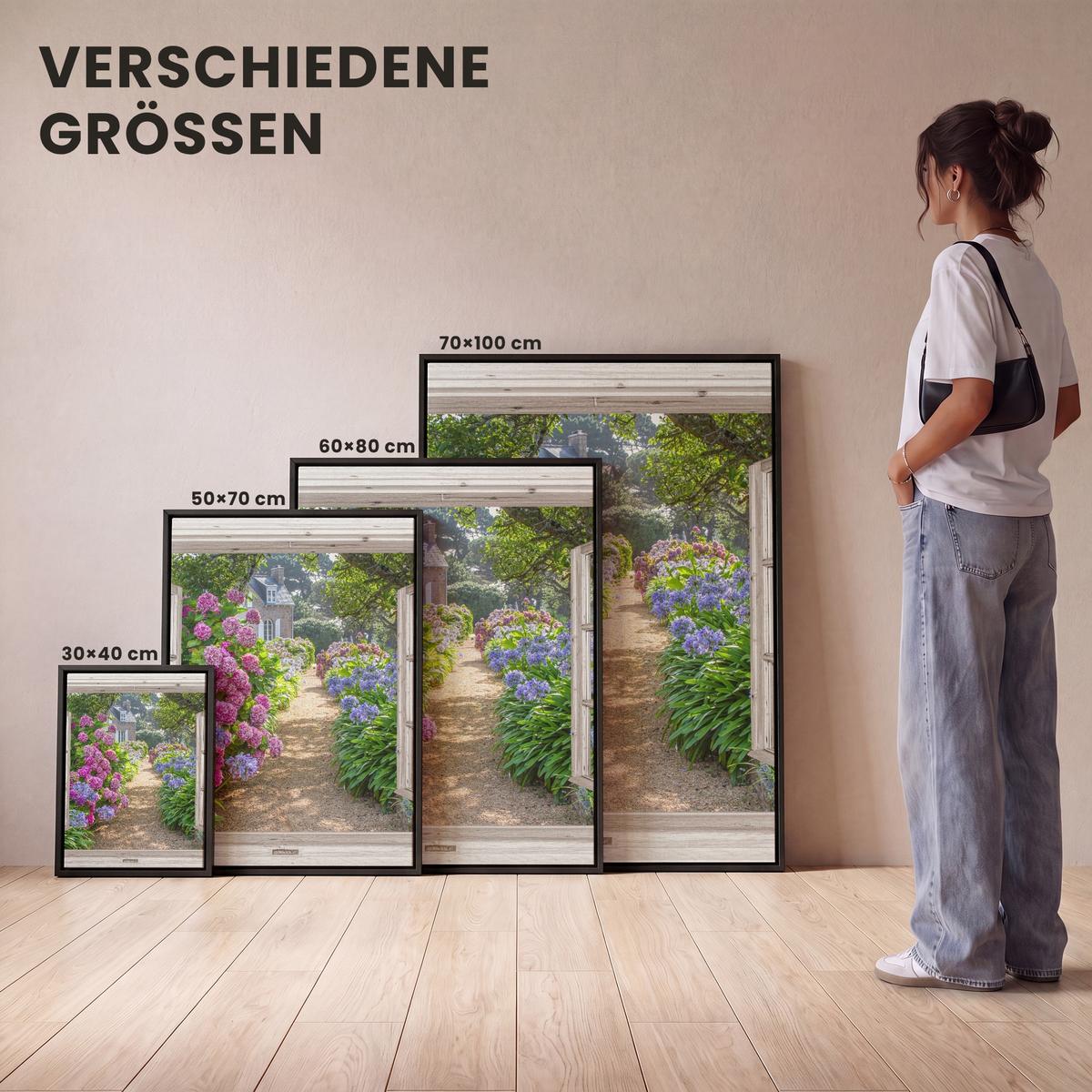 LEINWAND Bilder mit Rahmen - Hortensie - Durchsichtig - Blumen - Sommer - Lila - Weg - 30x40 - Lila, Textil (30/40cm) - MuchoWow