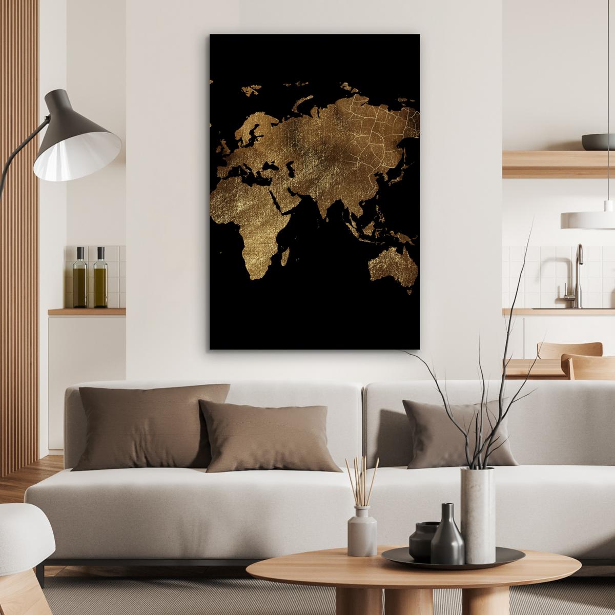 METALLBILD Weltkarte - Gold - Luxus - Erde - Schwarz 80x120 cm - Goldfarben, Metall (80/120cm) - MuchoWow