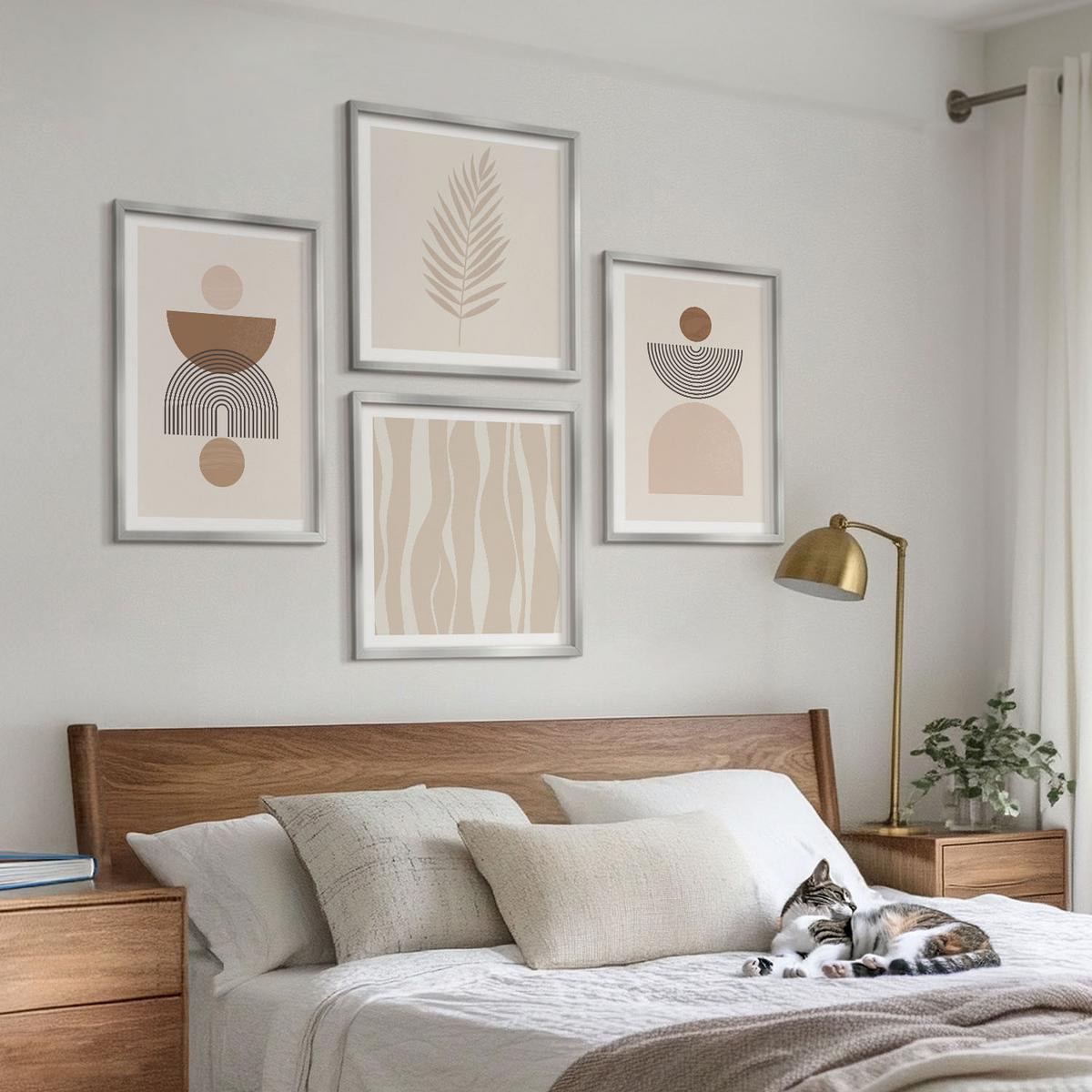 BILDER SET 4er Set - 50x50 cm & 40x60 cm Silberner Rahmen - Abstrakte Formen braun beige - Silberfarben, Kunststoff (50/50cm) - TULUP