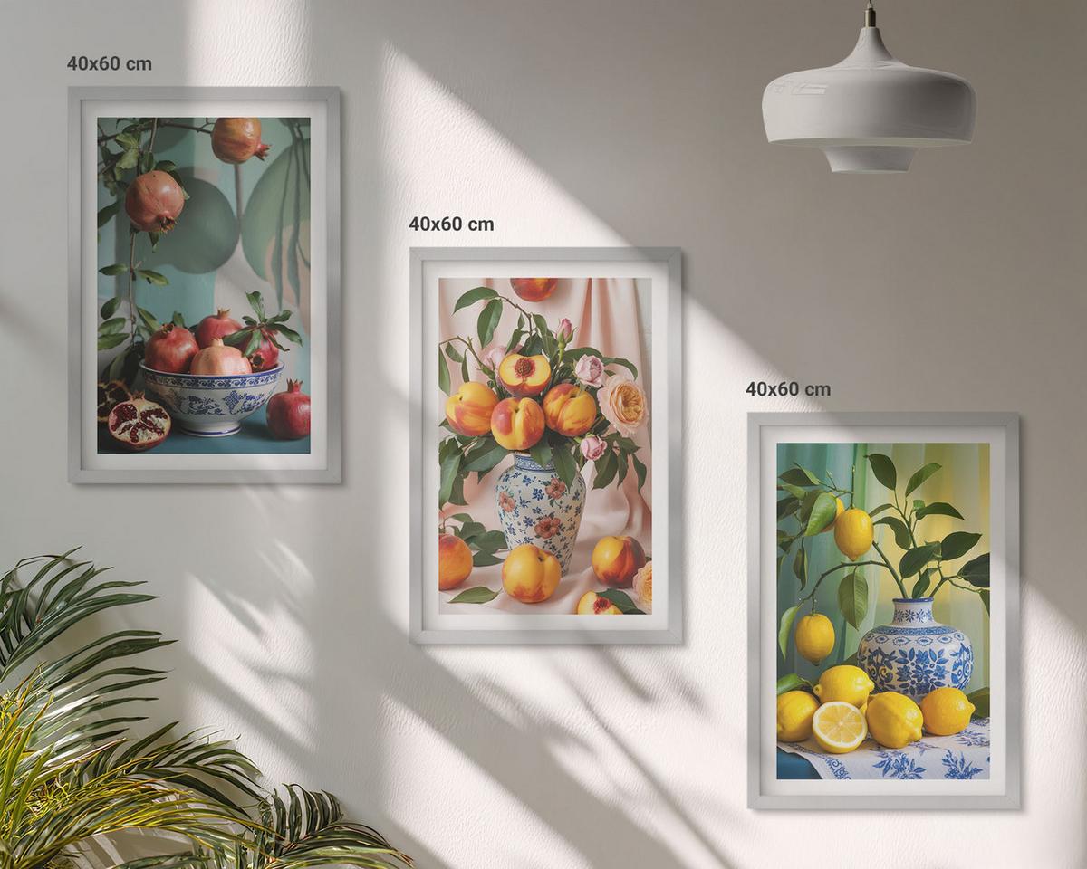 BILDER SET 3er Set - 40x60 cm Silberner Rahmen - Granatäpfel, Pfirsiche, Zitronen - Silberfarben, Kunststoff (40/60cm) - TULUP