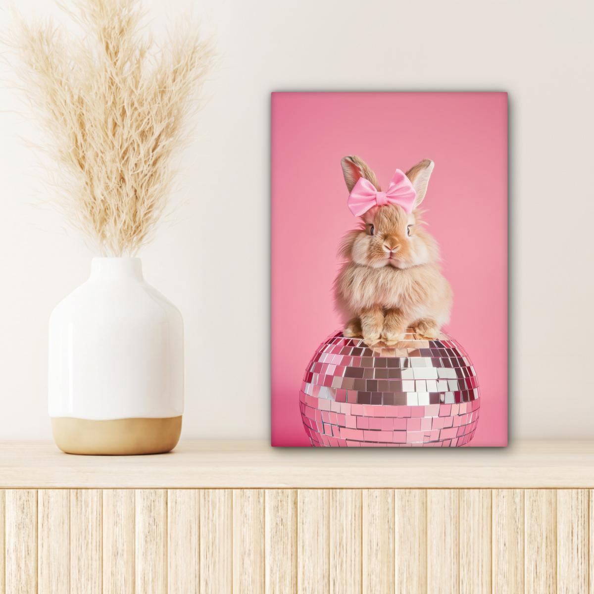 LEINWANDBILD Schleife - Discoball - Kaninchen Deko Wohnzimmer 20x30 cm - Pink, Textil (20/30cm) - MuchoWow