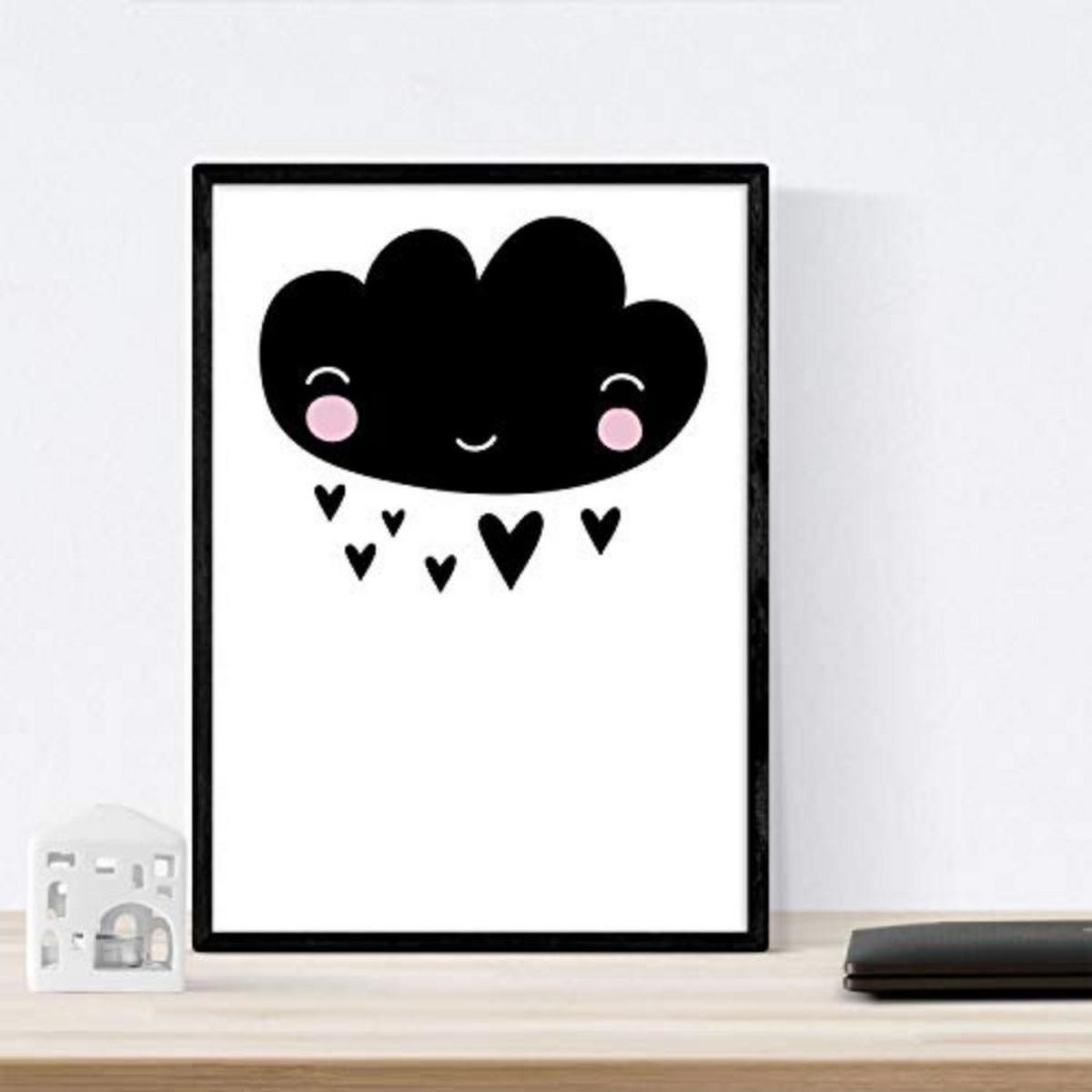 POSTER Set mit 4 „Stadt, Stadt, Wüste Kaktus und CloudHerzen“ Tiere A4 Schwarzer Rahmen - Schwarz, Papier (29.7/3cm) - Nacnic