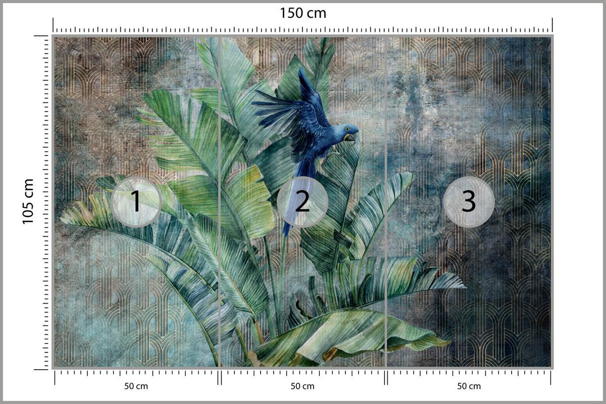 FOTOTAPETE für Wohnzimmer Retro Papuga Tropische Blätter 150x105 - Blau/Braun, Papier (150/105cm) - Muralo