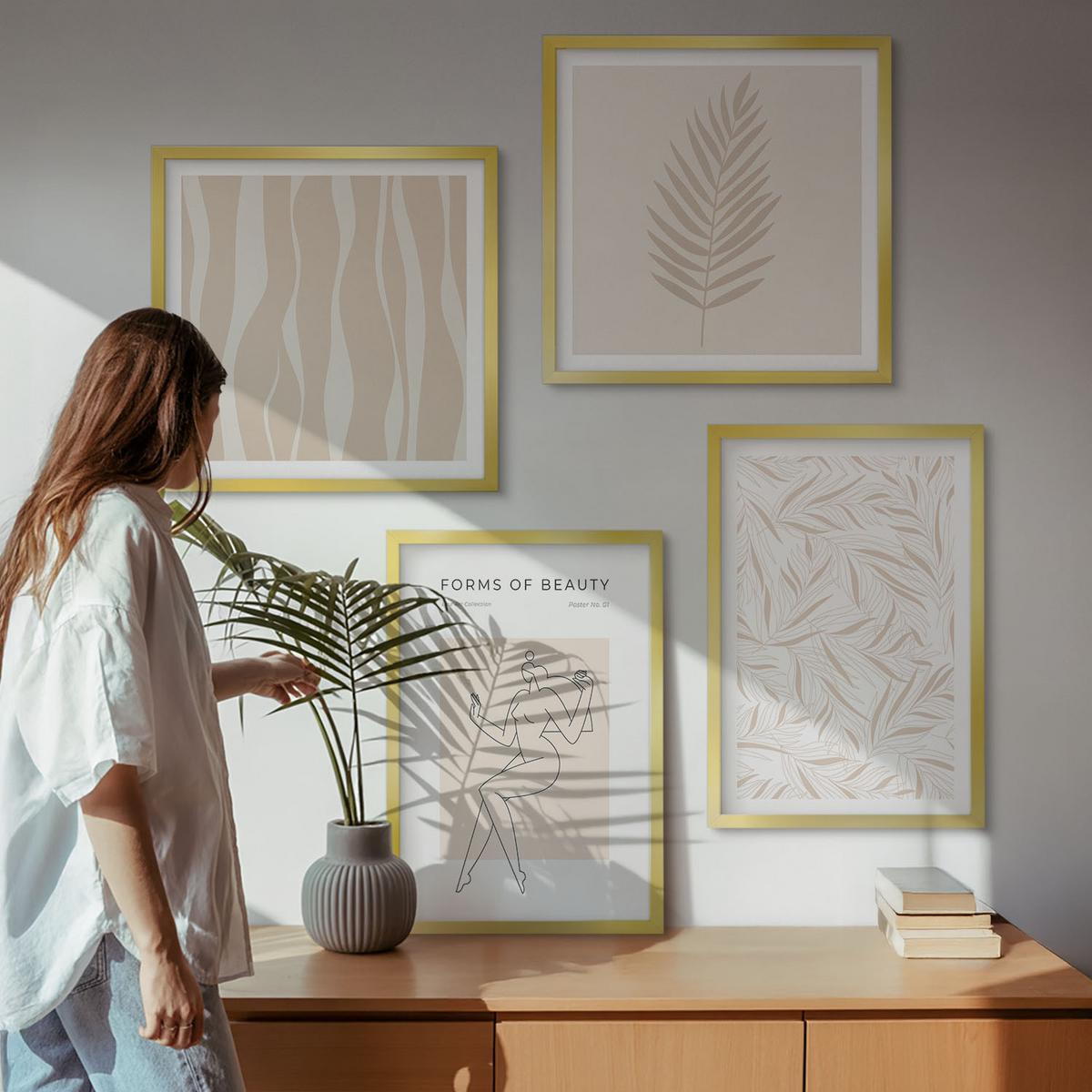 BILDER SET 4er Set - 50x50 cm & 40x60 cm Goldrahmen - Minimalistische Pflanzenmotive - Goldfarben, Kunststoff (50/50cm) - TULUP