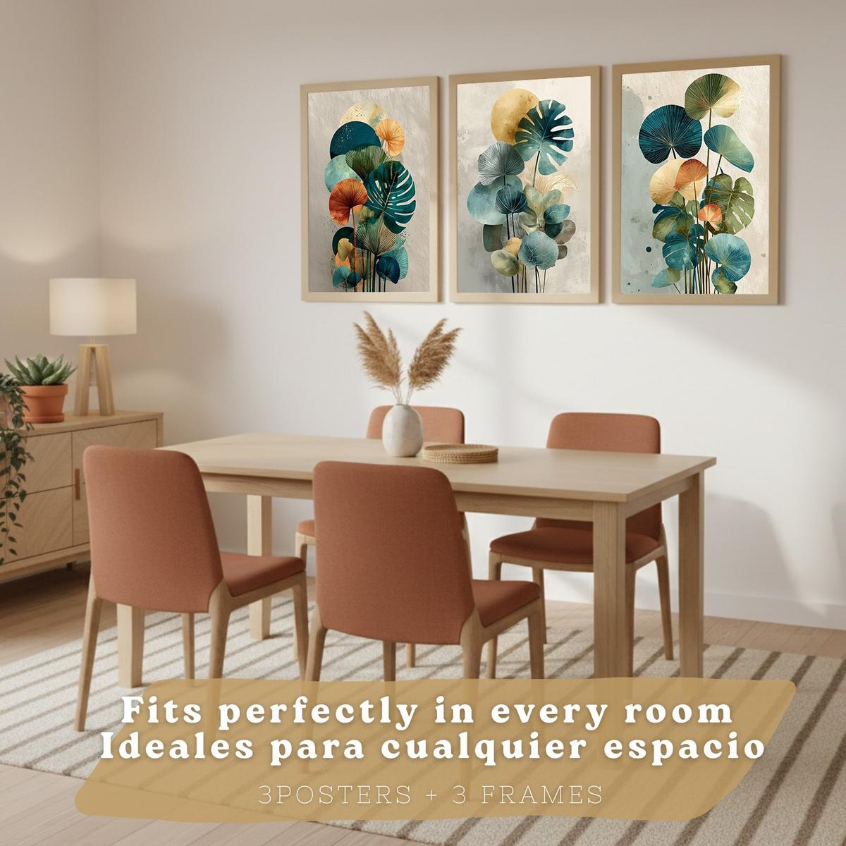 POSTER 3er-Set Wandbilder Pflanzen modern Wohnzimmer Deko, Schlafzimmer, Küche, Badezimmer Leichter Holzrahmen A3 - Beige, Papier (29.7/1/42cm) - Nacnic