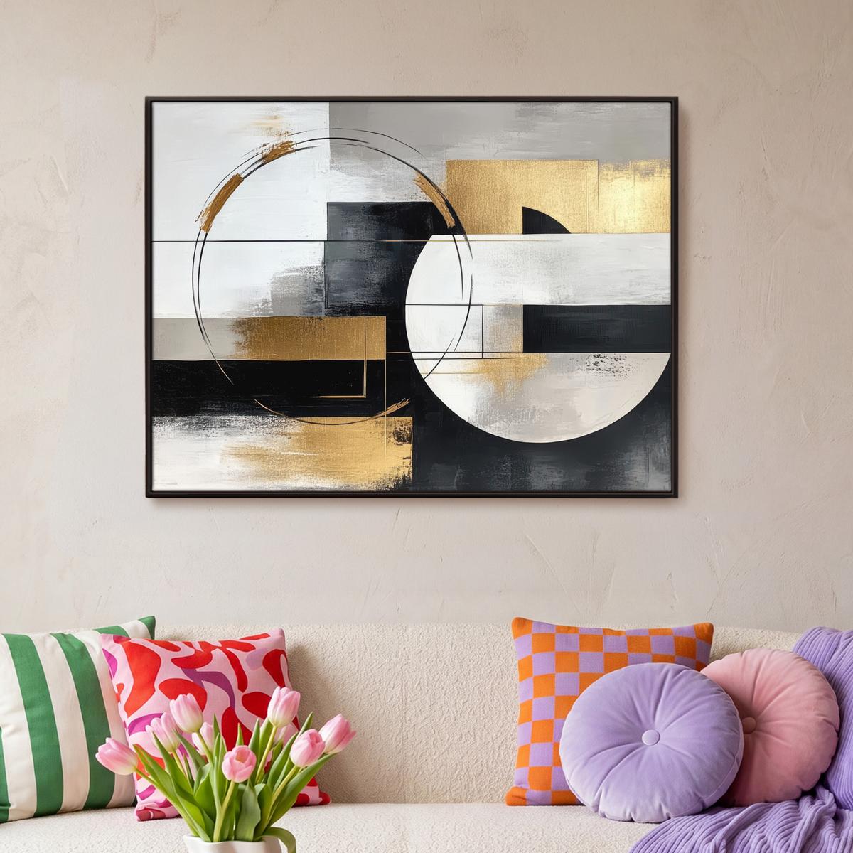 LEINWAND Bilder mit Rahmen - Abstrakt - Gold - Silber - Formen - Ästhetik - 100x70 - Multicolor, Textil (100/70cm) - MuchoWow