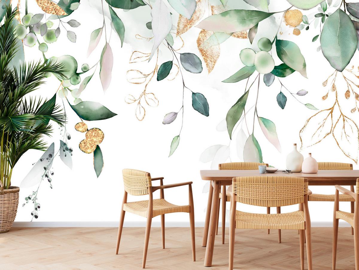 FOTOTAPETE für Schlafzimmer Aquarell Blätter Eukalyptus Weiß 500x350 - Gelb/Weiß, Papier (500/350cm) - Muralo