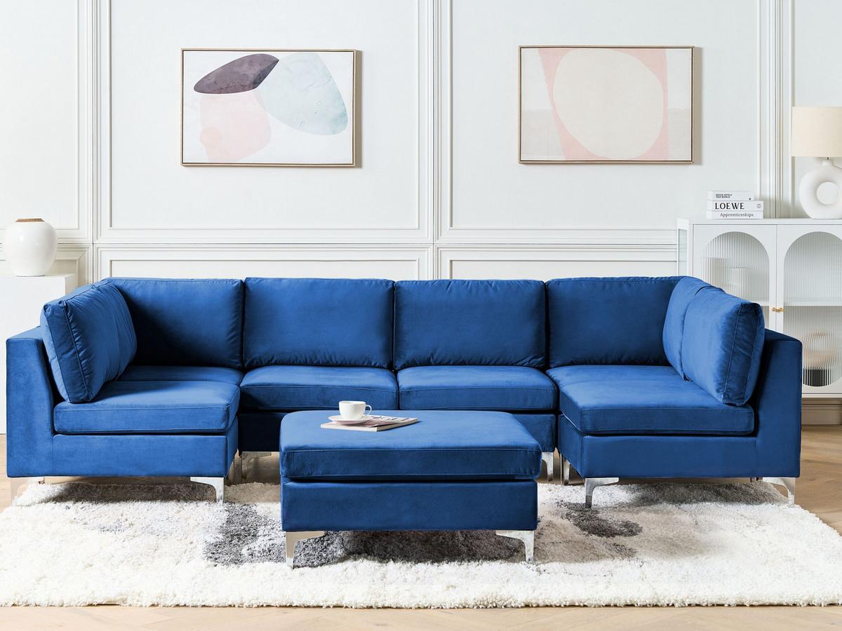 6-SITZER WOHNLANDSCHAFT U-förmig Samtstoff marineblau mit Ottomane Evja - Blau, Textil (300/84/150cm) - Beliani