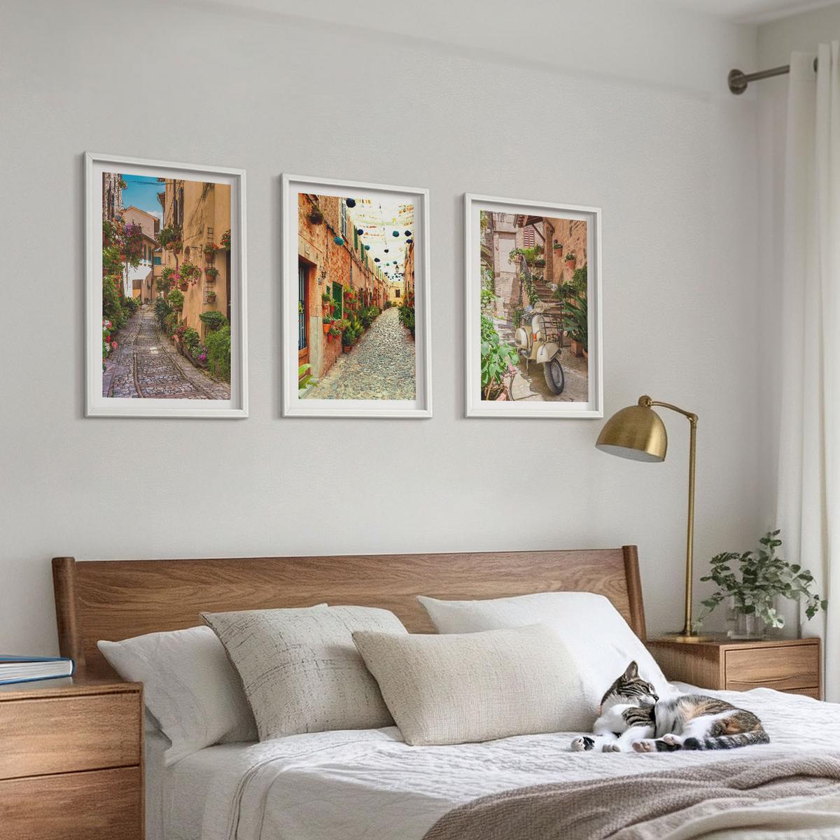 BILDER SET 3er Set - 40x60 cm Weißer Rahmen - Straßen, Blumen, italienisches Flair - Weiß, Kunststoff (40/60cm) - TULUP