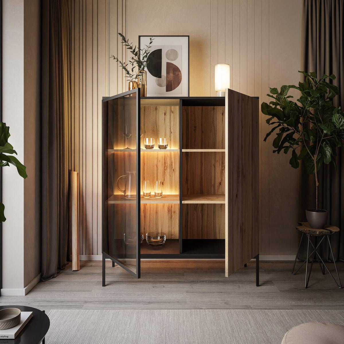 VITRINE ECLIPSE WT104 mit Beleuchtung,Schwarz Eiche Wotan - Eiche Wotan, Holzwerkstoff (104/126/39cm) - Lookway