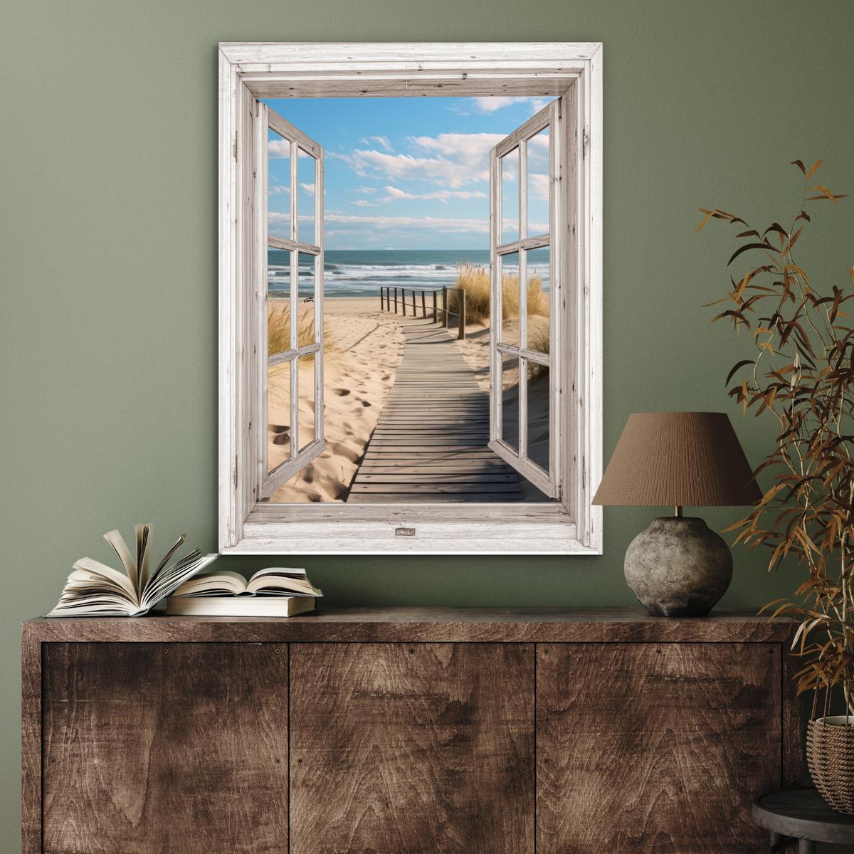 METALLBILD Fenster - Meer - Küste - Natur - Ausblick - Strand - Wattenmeer 60x80 cm - Beige, Metall (60/80cm) - MuchoWow
