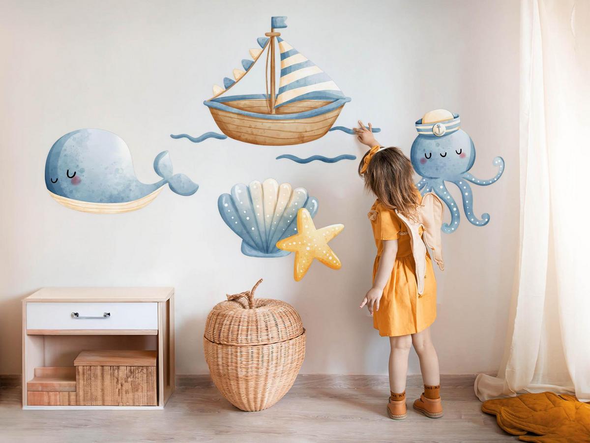 WANDAUFKLEBER 130x172cm - Tiere und ein Boot - Multicolor, Kunststoff (130/172/0.1cm) - Wallfluent