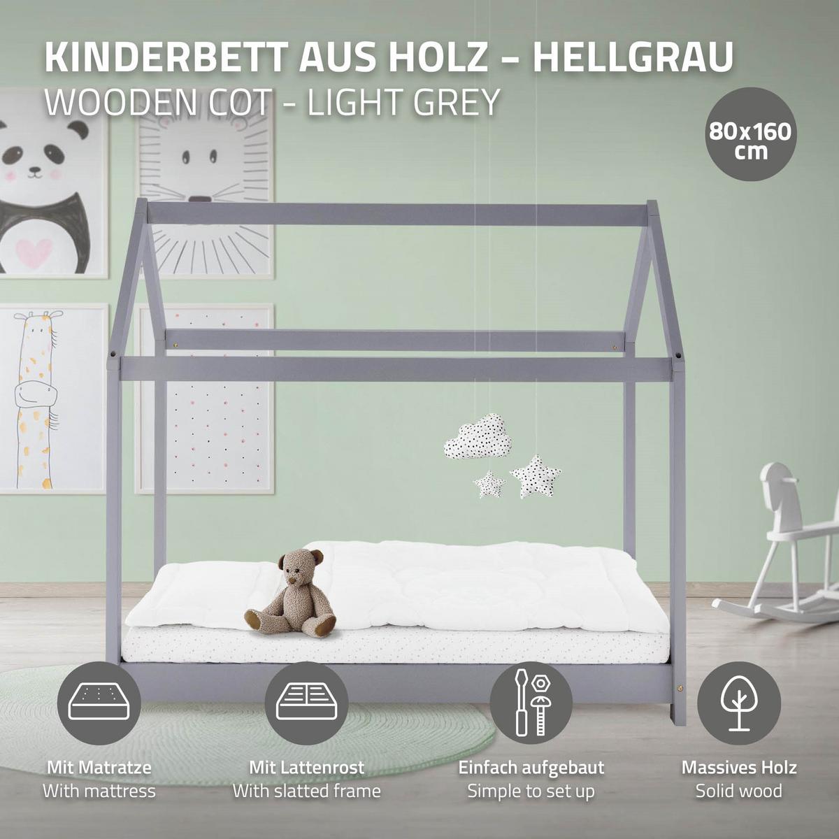 KINDERBETT mit Dach und Matratze 80x160 cm Hellgrau - Hellgrau, Holz (80/160cm) - ML-DESIGN