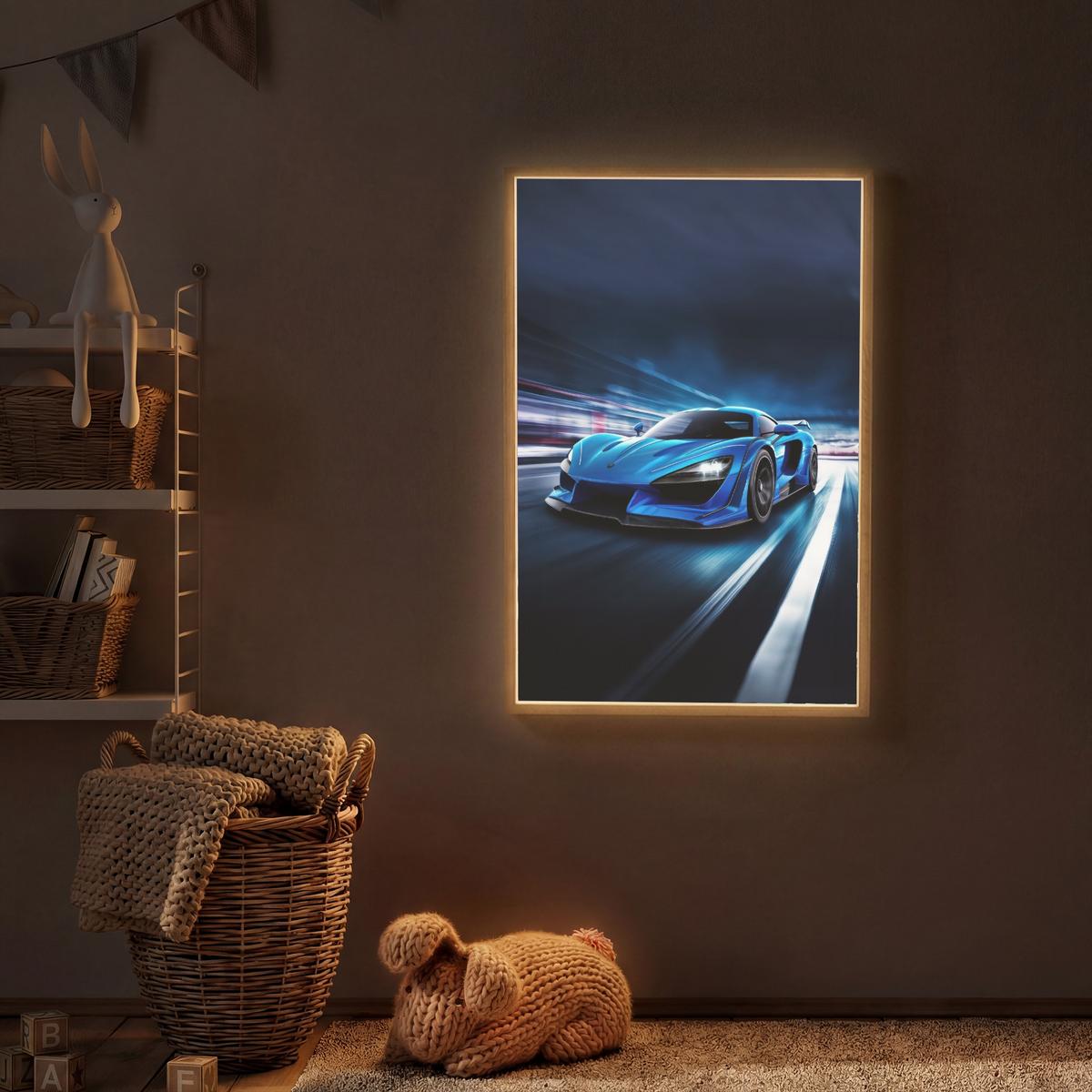 WANDLEUCHTE MIT AKKU Auto - Blau - Jungen - Kind 70x100 cm - Blau, Holzwerkstoff (70/100/8cm) - OnlyWow