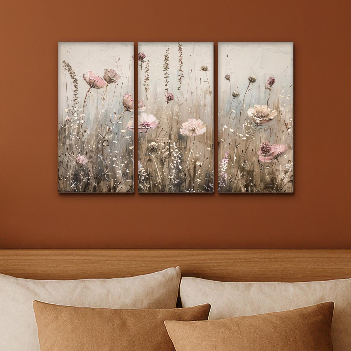 LEINWANDBILD 3er Set Blumen - Beige - Modern - Rosa 60x40 cm - Ecru, Textil (60/40cm) - MuchoWow